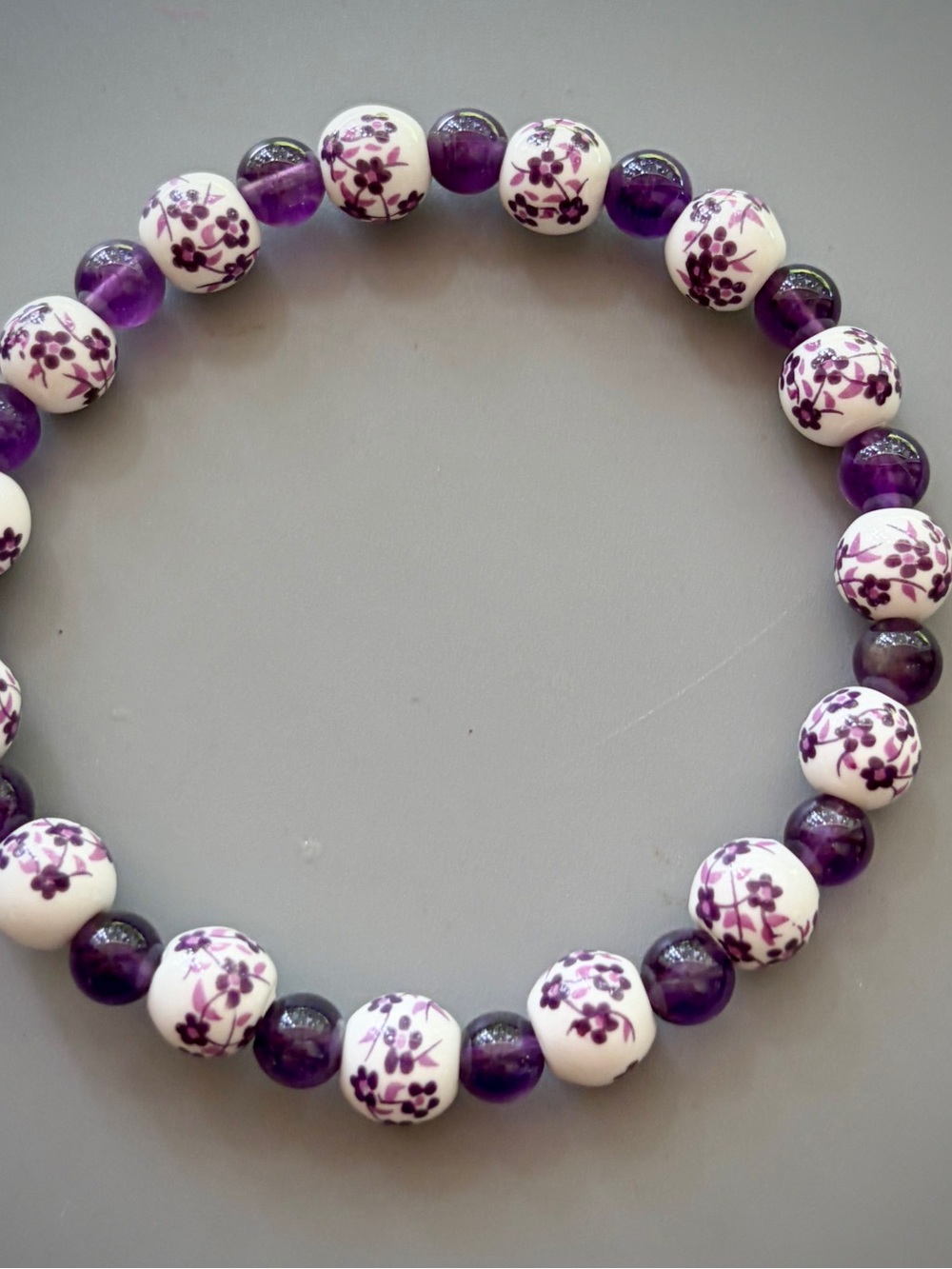 Purple and White Porcelain beads with Purple Amethyst Handcrafted Bead Bracelet - Picture 3 of 3